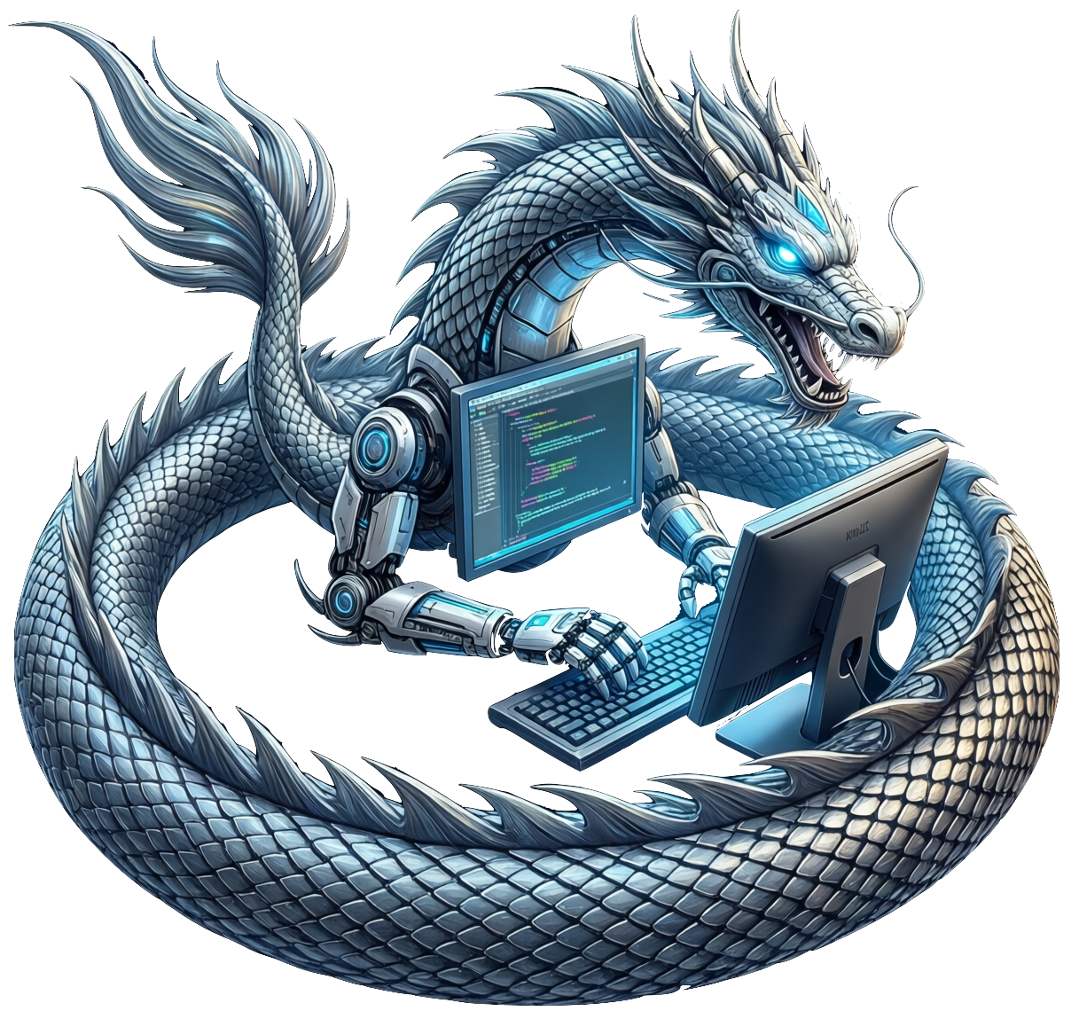 A robot dragon coding itself made with AI